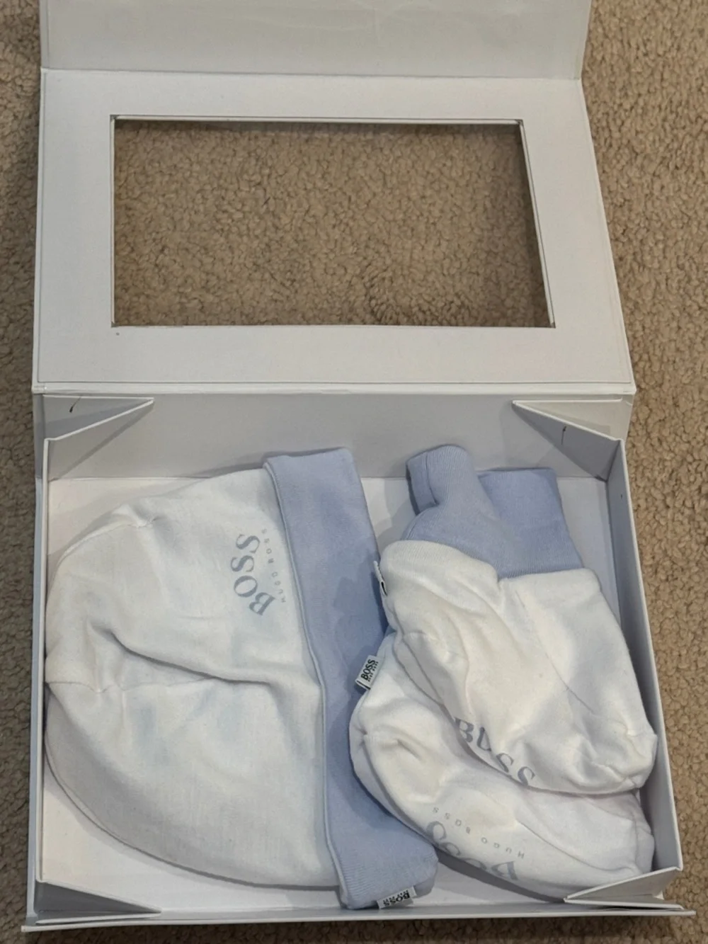 Boss White and Light Blue Baby Hat & Booties Gift Set
